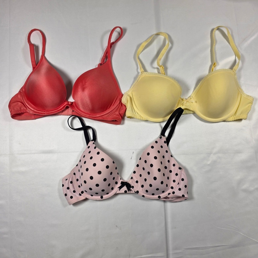 GapBody 34A Bra Bundle Set of 3 Coral Yellow Pink Polka Dot T-Shirt Demi Bras